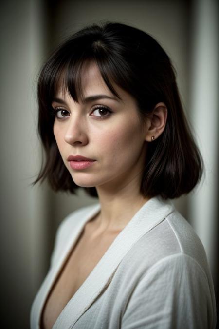latina woman,  40 years old, pale skin, few wrinkles,  cute face, puppy face, dark hair in a bun with short bangs, short height ,petite , grey short bathrobe, huge boobs hanging, seductive look, black eyeliner, flirty look, block hallway, no bra, sneaky shot, side view, model looking at the camera seductive