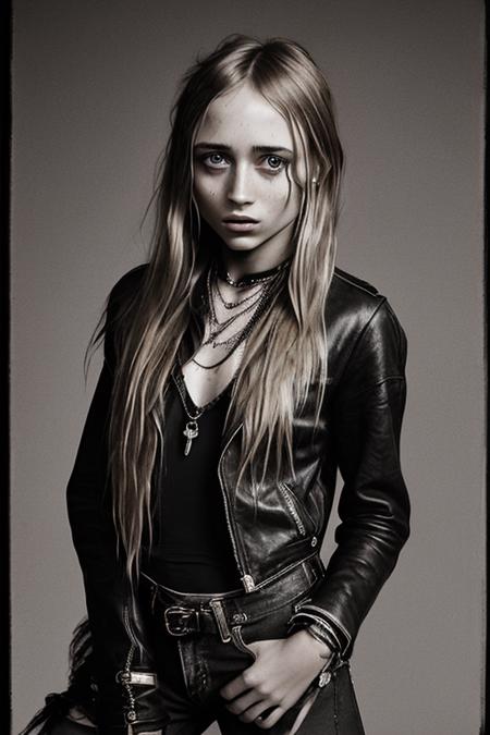 an expert photograph by david sims portraying a Stunning woman looking like GabiG9-200 in a [grunge | rock] style with a dark background