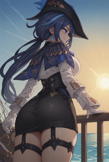 clrnde, streaked hair, ponytail, low ponytail, purple eyes, blue hair, bangs, hat, jewelry, earrings, white shirt, white gloves, long sleeves, black skirt, wrist cuffs, epaulettes, black pantyhose, thigh strap, button gap, garter straps, underbust