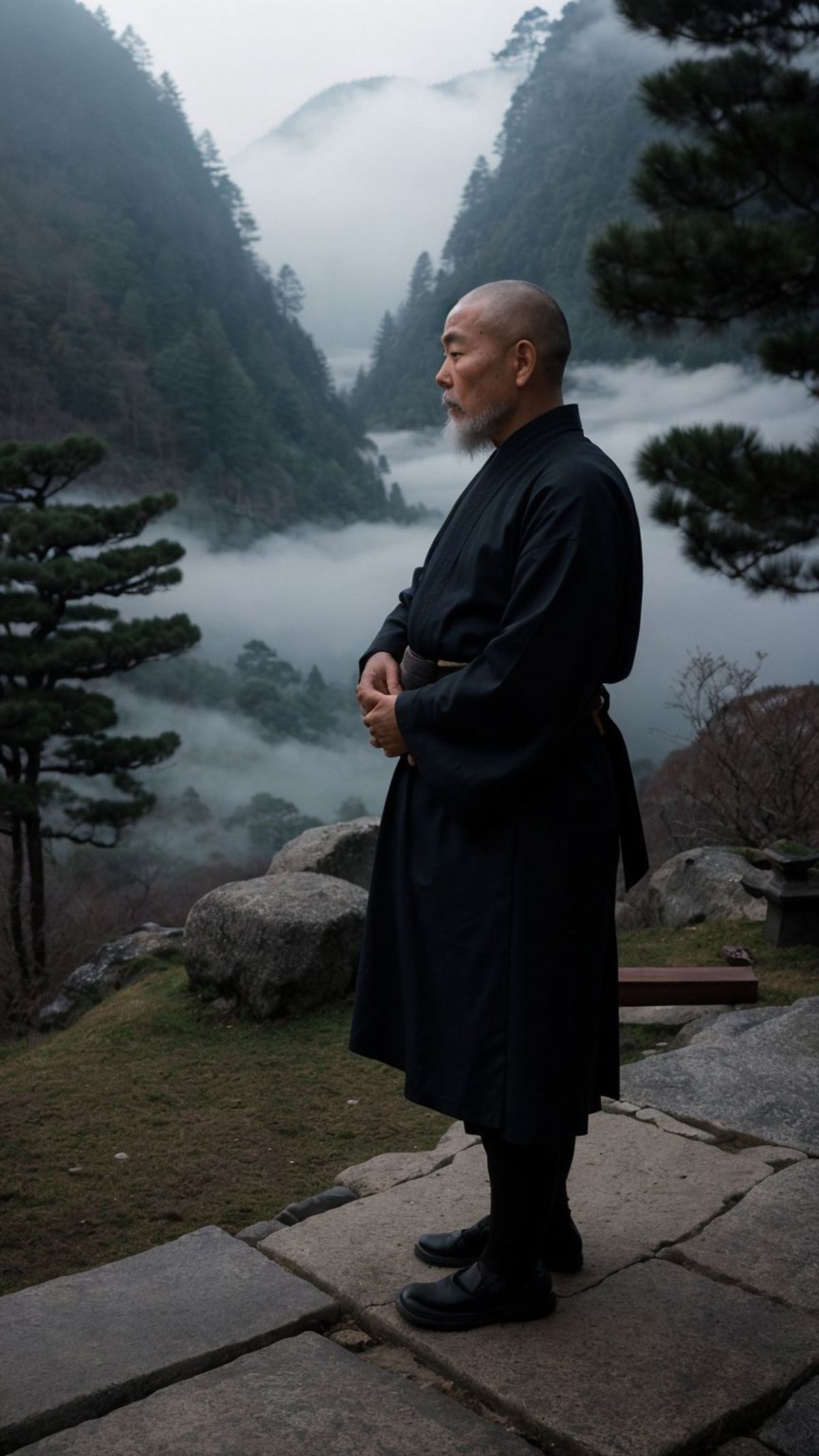 Zen Monk Meditating in a Mountainous Forest