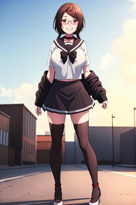 high quality, best quality, ultra detailed, masterpiece, 
Misaki,  solo,  woman,  brown hair,  belt necklace,  red glasses,  dual french twist,  black ribbon,  white school uniform top,  crop top,  breast,  black skirt,  black jacket draped,  black thigh-high,  black shoes, sexy smile, 
cute pose, outdoor, ultra detailed background, <lora:EMS-50727-EMS:0.800000>