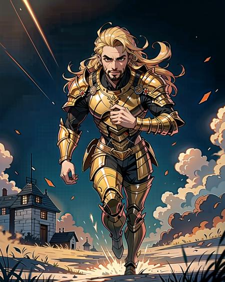 ((masterpiece), best quality, high quality, professional quality, highly detailed, highres, perfect lighting, natural lighting), (1boy, slender, handsome, goatee, long hair, blonde hair), wearing armor, running, on a battlefield