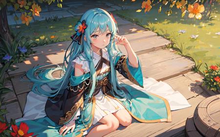 (best quality, masterpiece), Turquoise Screen Filter, (1girl, solo, brown robe, expression face, looking up, sitting, wide sleeves, black eyes, closed mouth, long hair, cowboy shot), (clear sky, cosmos flower filed, cloud),