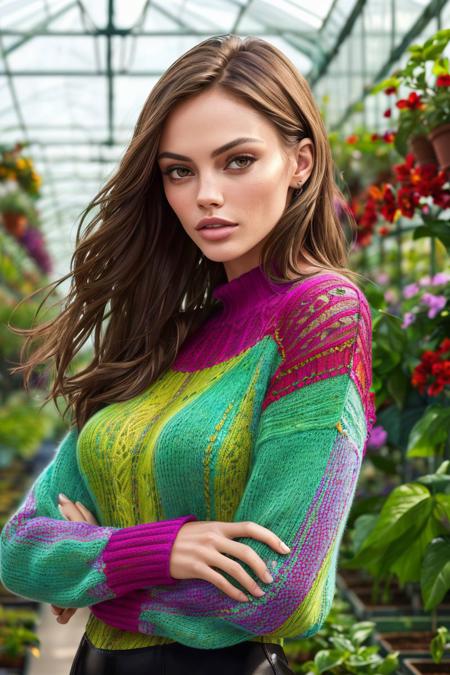 photo of S131_KristinaPeric, a stylish woman, in a (greenhouse:1.2) wearing a (vibrant-sweater:1.2), (8k, RAW photo, best quality, depth of field, ultra high res:1.2), (absurdres, intricate, photorealistic, masterpiece, ultra-detailed:1.3)