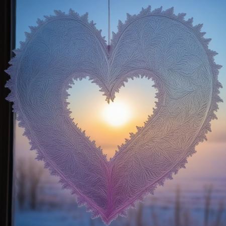the heart on the frosty window is made with frosty patterns in blue pink purple light green tones,the sun is illuminated