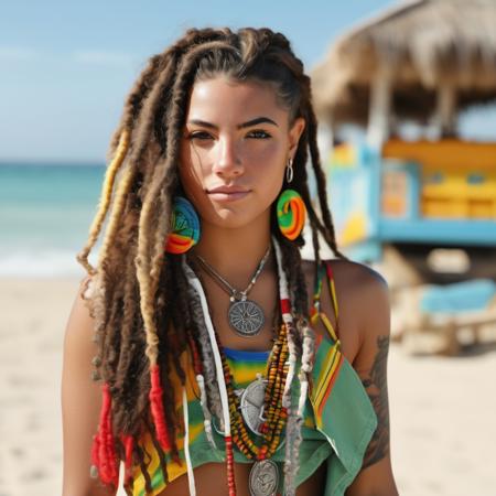 a hyper realistic ultra detailed photograph of a Rastafarian woman, colorful outfit, long wild hair, tattooed hands and body, fashion pose, detailed symmetric beautiful hazel eyes, detailed gorgeous face, beach resort <lora:Charli_DAmelio_xl_lora-000036:1>, hi detail, sharp focus, perfect lighting, awesome, dslr, 4k high quality. extra detail, extra sharp, magical, perfect moment, natural skin, pores