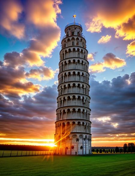 tow9is, tower, Spectacular light, sunset, a large building with a tower in the background of a field of grass and a sky background with clouds and sun