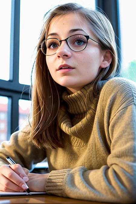 epic realistic, a photo of AM061_Ennu_A, 25yo woman in thin glasses weared turtleneck sweater at the table in the library, close up, <lora:Low, (intricate details:0.9), (hdr, hyperdetailed:1.2), faded, (neutral colors:1.2), art, (hdr:1.5), (muted colors:1.1), (pastel:0.2), hyperdetailed, (artstation:1.4), warm lights, dramatic light, (intricate details:1.2), vignette, complex background, rutkowski