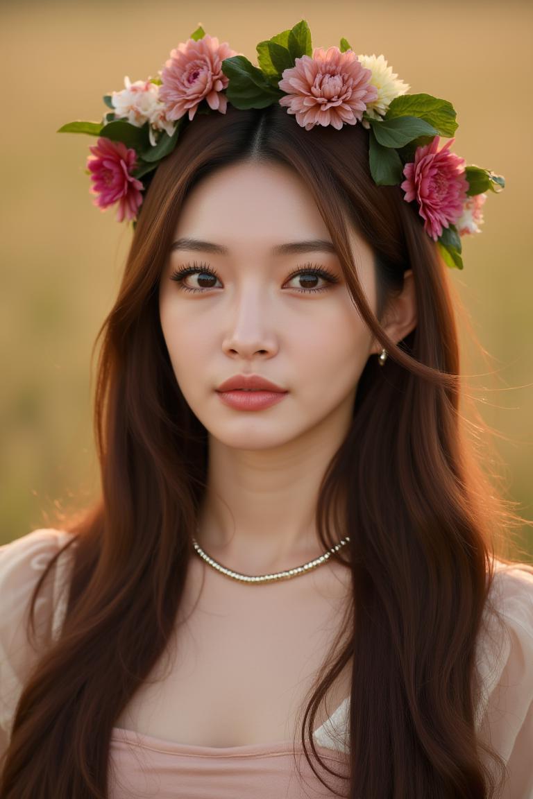 a high-resolution, softly lit photograph featuring an Asian woman with a delicate, spooky appearance. She has long, wavy hair in a soft brown hue, styled with soft color majestic wreath that frame her face. looking at viewer. Her skin is detailed no make-up, skin fuzz, pale complexion, and her dark brown eyes are a striking feature, with a subtle, shimmery effect that catches the light. Her lips are painted a soft, muted pink, and she wears a delicate, beaded necklace around her neck. The background is a meadow, warmly lit, which helps to emphasize the subject's delicate features and the harsh colors of her hair and accessories. The image is rich in texture and detail, with a focus on the subject's serene and dreamy expression. The overall aesthetic is horrific and scary, evoking a sense of wrath and dominance. The photograph's soft focus and harsh colors create a spooky, ethereal atmosphere, perfect for a fantasy or fairy tale-inspired setting. The subject's delicate features and accessories, such as the floral headpiece, add to the enchanting and otherworldly quality of the image. The style is reminiscent of high-fashion photography, with a focus on delicate, feminine beauty. <lora:Tissue_Chungha_Flux_v1.0-LowRep:1>