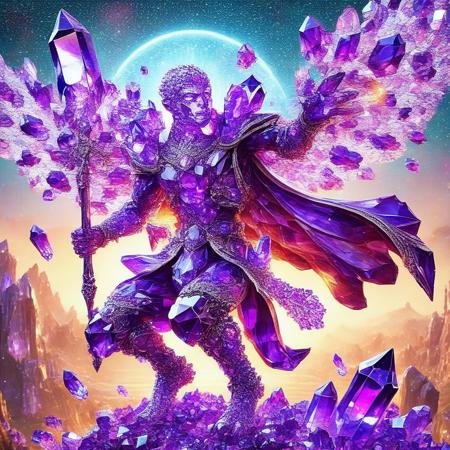 (rating :safe), ,1 human,male,perfect anatomy, wizard, party squad,made of sparkling amethyst crystals, gems,meteor amethyst masterpiece, high quality