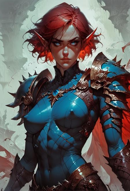 score_9, score_8_up, score_7_up, looking at viewer, 1girl,concept art, realistic, dark theme, good lighting elf, pointy ears, red hair, blue eyes, short hair, medium breast, nipple bulge, shoulder hair, tight leather armor, very tight in the groin, long cape, small shoulder pads weapon