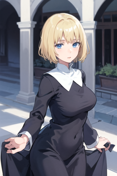 OrsolaAquinas, 1girl, solo, short hair, blue eyes, blonde hair, long sleeves, black dress, medium breasts, nun, habit