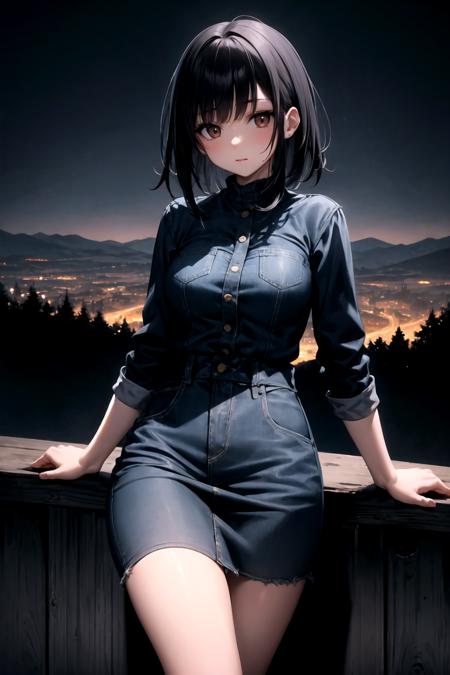 masterpiece, best quality, 1girl, medium black hair, bangs, denim dress, hills and valleys, dark shadows, night, light in distance