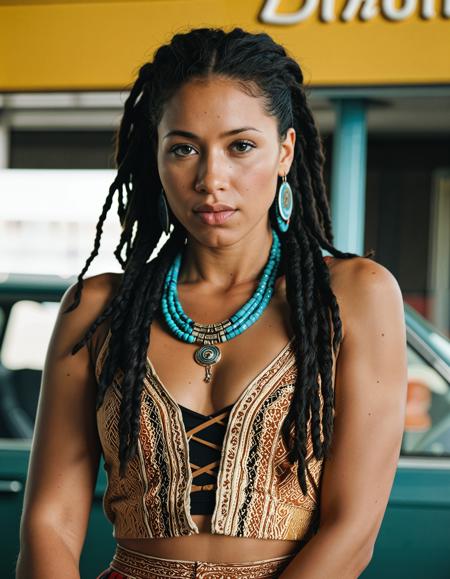 RAW full body analogue photo of a beautiful 25 years old woman, clear focus, high resolution image, Ms KMXD, black hair, <lora:MS_KMXD_SDXL_V1:1.0> dark hair Caucasian, Arab?,  ,wearing The Boho Chic: A bohemian-inspired ensemble, flowing maxi skirt, and an abundance of layered necklaces and bangles, natural hair, perfect eyes, detailed eyes, detailed iris, realistic skin, absolute perfect tits, soft tits, natural tits, low light, soft natural light, Rembrandt style light, Hasselblad DLSR camera, 200mm Zeiss lens, f/2.8, (dreadlocks:1.3),,high quality, film grain, Fujifilm XT3, 8k uhd, dslr, film grain, kodak tri-x 400 film, grain photo DOF, faint lighting, dynamic angle, cinematic, Depth of field, bokeh, best quality, cinematic, light particles, highly_detailed, very_aesthetic, golden hour, beautiful_and_aesthetic ,Sexy pose, erotic pose, exhibitionism, ,retro gas station