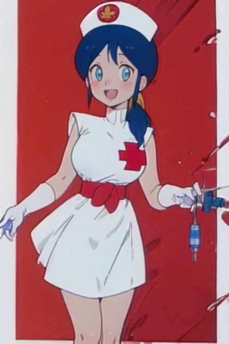 Jankenmama Big cute eyes Blue hair Ponytail with yellow hair band Short sleeves White gloves Blue belt White boots Nurse Nurse hat White dress with red cross Short white skirt Sidelocks