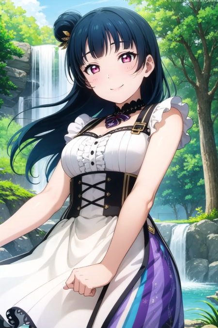 (masterpiece, best quality, ultra-detailed), (illustration), (beautiful detailed eyes), (1girl), (solo), tsushima yoshiko, purple eyes, blue hair,  single hair bun, <lora:YohaneLL_v1-04:0.8>, long hair, looking at viewer, outdoors, from below, dress, smile, lake, waterfall, smile,