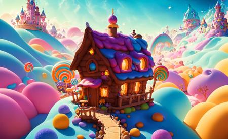 (Masterpiece, best quality:1.3), highly detailed, fantasy, <lora:Candyland-10:0.95>, 8k, candyland, dynamic, cinematic, ultra-detailed, full background, fantasy, illustration, house, roof, sparkle, glitter, scenery, ((no humans)), beautiful, (shiny:1.2),  various colors, gumball machine, monolithic, bloom:0.4, sparkle, extremely detailed, multicolored theme