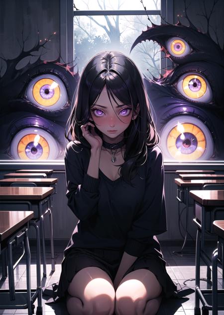 (1girl, long hair, collar, purple eyes, glowing, glowing eyes, extra eyes, horror \(theme\), nose blush) (digital) (kneeling in detailed classroom, (hanten)) , best quality, <lora:boldline:0.2>  <lora:hairdetailer:0.2>  insanevoid <lora:insanevoid2:0.8>