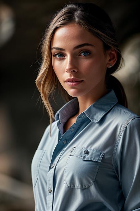 perfect cinematic shoot of a beautiful woman (EP3l1s4b3thTurn3r2:.99), a woman standing at a Subterranean cavern, perfect high ponytail, wearing sexy gray (Button-Up Shirt:1.2), (shooting star cascade in background:1.2), (detailed background:1.1), (face focus), modelshoot style, (extremely detailed CG unity 8k wallpaper), professional majestic (photography by Roberto Ferri:1.1), 24mm, exposure blend, hdr, extremely intricate, High (Detail:1.1), dramatic, soft cinematic light, (looking at viewer), (detailed pupils),8k, highly detailed, rich environment, 4k textures, soft cinematic light, elegant, ((((cinematic look)))), soothing tones, insane details, hyperdetailed, ("Dreams into reality with SDKoh!":1.1), (epiCPhoto)