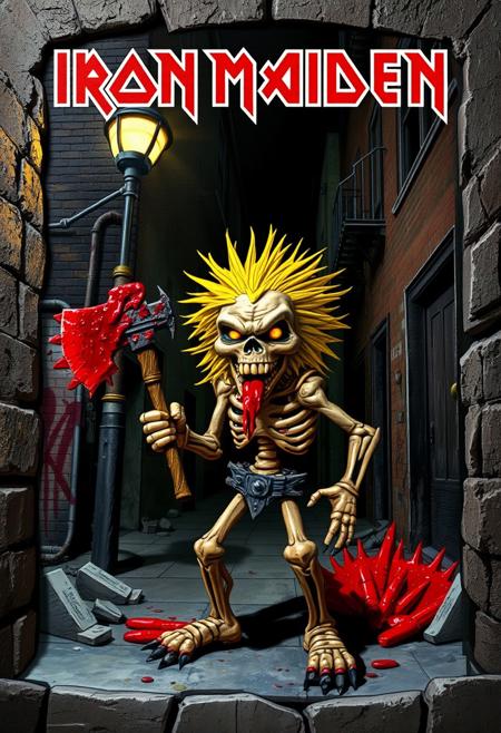 The "Killers" album cover features Eddie, Iron Maiden's mascot, in a dark alley at night. Eddie has wild, spiky blonde hair, a skeletal face, and glowing eyes. He stands aggressively, holding a bloodied axe. A streetlamp casts eerie shadows on his decayed skin. The gritty urban background includes crumbling buildings and graffiti. The color scheme is dominated by reds, blacks, and greys, with yellow highlights from Eddie’s eyes and the streetlamp. In claymation-style, Eddie’s hair would be spiked clay, and his skin would have rough textures, while the background is made from blocky clay shapes with carved details.