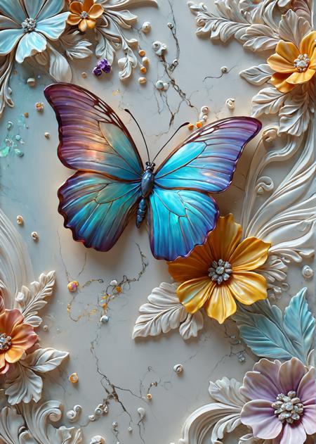 a butterfly and flowers, (opal and marble:1.2),  <lora:TQ_-_Relief_Paintings_XL:0.4> relief background,relief murals, detailed,8K, shiny, fluid dynamics 3D art style, 3d fluid render, expressive and dynamic, vibrant contrasting colors, lively appearance, mesmerizing flow of shapes, simulation of fluid dynamics, swirling motion, bold colors blending seamlessly, abstract and captivating, fluidity and energy, mesmerizing composition, engaging viewer experience, seamless integration of colors and shapes, volumetric, 4k, Cinematic photography, movie mood, cinematic light, compelling composition, storytelling elements, conveys emotion, mood, and narrative depth, creating visually striking images that feel like still frames from a film