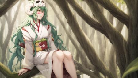 1girl,  <lora:cz_nell-000002:0.65>, green hair, looking away, sitting, long hair, hard light, forest, white kimono, horns, scull on head, (red facial mark:1.2), yellow eyes,