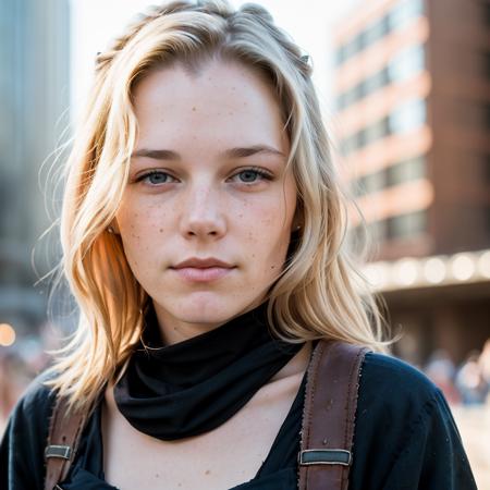 bridgetfonda a close up portrait photo of 26 y.o woman in wastelander clothes, long haircut, pale skin, slim body, background is city ruins, (high detailed skin:1.2), 8k uhd, dslr, soft lighting, high quality, film grain, Fujifilm XT3