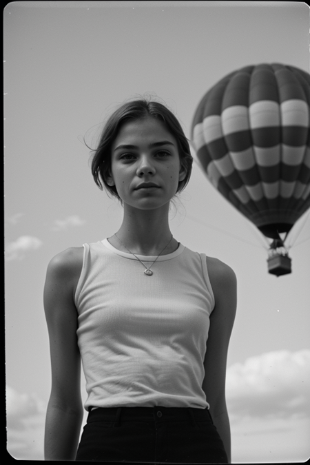 AnnaMariaPrydatko, photography by (Rodney Smith:1.3), ((upper body focus, shoulders)), modelshoot, pose, (1938 postcard, facing viewer, Cappadocia, surrealist, melting hot air balloons,  Salvador Dali, looking at viewer, blurry background, bokeh, ID photo:1.3), Century Camera Co. Studio, 160mm f/8, 1/10s, ISO 25, ((tintype)), serious look