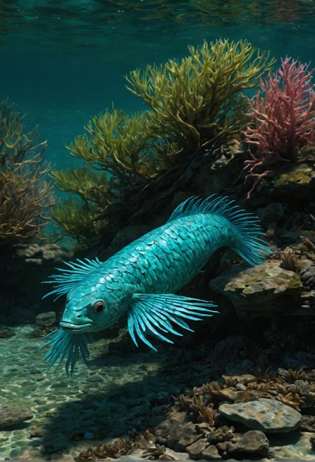 A quadrupedal, serpentine creature with scaly, turquoise skin and a crest of iridescent feathers on its head: 4 limbs, no tail; large, black eyes and small, pink ears; gills for underwater respiration; Textures/Materials: smooth scales, soft feathers; Bright Color Scheme: turquoise, aquamarine, coral; Distinctive Features: glowing stripes on body, bioluminescent spots on head; Behavior: swimming swiftly through kelp forests, hunting small fish; Environment: coastal waters; Fantasy Elements: ability to change skin color for camouflage; Style: whimsical realism; Bright Color Palette: turquoise, aquamarine, coral, white; Sun Lighting: soft, diffused light from above; Perspective/Composition: looking up at creature swimming in the distance; Background Elements: kelp fronds, seaweed-covered rocks; Interactive Elements: none.