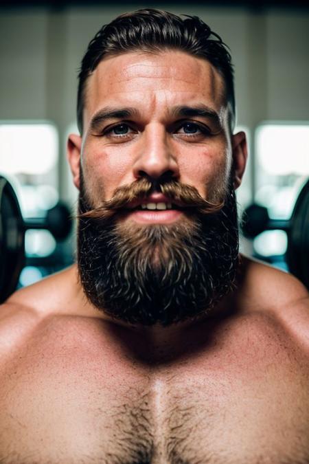 cinematic photo happy man big muscles, beard, moustache,   out of focus gym background . 35mm photograph, film, bokeh, professional, 4k, highly detailed