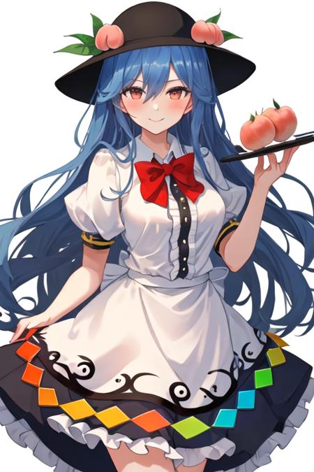 best quality, masterpiece, highres, solo, {hinanawi_tenshi_touhou:1.15}, blue_hair, long_hair, red_eyes, peach, food, fruit, hat, blush, black_headwear, bow, leaf, hair_between_eyes, 1girl, looking_at_viewer, smile, breasts