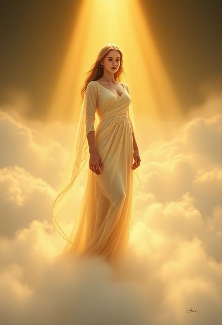 an image so perfect you may wonder if you are dreaming or awake, here she is standing in beatitude covered with an ethereal dress of silk and gold threads, she stands over a heavenly landscape covered in clouds and mist, earth or grass or vapors you do not know for sure what it is. The clouds provide a protective cradle around her delicate figure, basking in the glorious divine golden light descending from the Sun or a deity above the clouds, like a spotlight would on a celebrity, This light is strong and warm but also soft and pleasant like the sun is on a colder day. One glance at her and we all fall in love, taken into romantic reverie yearning for a glance, a word or touch.