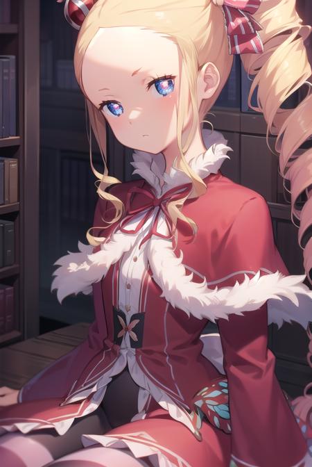 beatrice, blonde hair, blue eyes, (butterfly-shaped pupils:1.5), drill hair, long hair, parted bangs, (forehead:1.5), symbol-shaped pupils, twin drills, sidelocks, bow, capelet, crown, dress, frilled bow, frills, fur trim, fur-trimmed capelet, long dress, long sleeves, mini crown, pantyhose, red capelet, sleeves past wrists, striped, striped pantyhose,