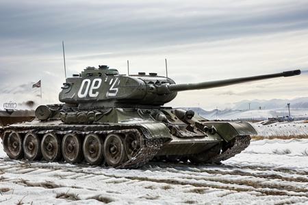 Tan t34 racing down the snow field,  shooting, day time, High Detail, Sharp focus, ((photorealism)), realistic, best quality, 8k, side view, sun in the sky