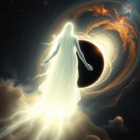 A majestic godly figure with a towering, ethereal form, lacking any facial features, emanating a powerful divine light. The figure's silhouette appears translucent and radiant, blending seamlessly with the vastness of outer space. Surrounding the figure is the endless cosmos, filled with distant stars, swirling nebulas, and cosmic dust. At the figure's back, a massive black hole dominates the background, its gravitational pull twisting light and drawing nearby stars into a spiraling vortex. The divine glow from the figure contrasts with the darkness of the black hole, creating an otherworldly ambiance that emphasizes the god's cosmic presence and mysterious power.