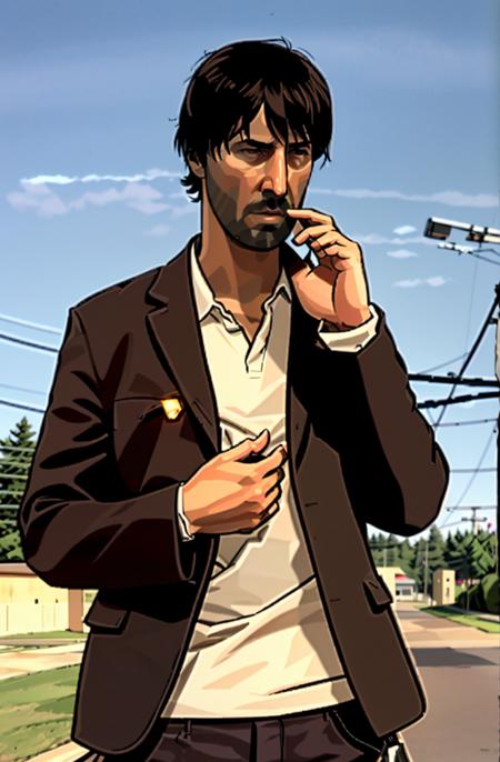 Bob_Arctor , talking at the smartphone , solo, short hair, brown hair, shirt, 1boy, holding, closed mouth, jacket, closed eyes, white shirt, upper body, male focus, outdoors, sky, collared shirt, hand up, dark skin, black jacket, facial hair, phone, dark-skinned male, ground vehicle, motor vehicle, beard, holding phone, brown jacket, sign, mustache, car, road, power lines, utility pole, talking on phone