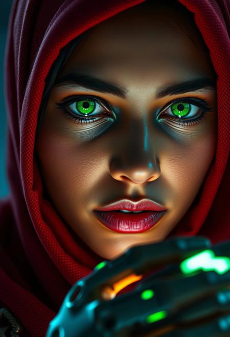 Photorealistic cyberpunk close-up portrait of a Muslim teen woman inspired by the Afghan Girl photo. She has smooth dark skin, full lips enhanced with makeup that complements the deep red  hijab and the intensity of her piercing green cybernetic eyes that glow faintly. Her eyes are highly detailed, glowing subtly with intensity under neon reflections. She now wears a textured deep red hijab, draped loosely around her head and shoulders, with strands of black hair peeking out naturally.
In her cybernetic hand, she holds a compact glowing handheld computer, actively