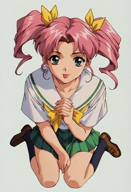  1girl, looking at viewer, green eyes, pink hair,  school uniform,  retro artstyle, yellow hair bows,, twintails,, pink shirt, green skirt,