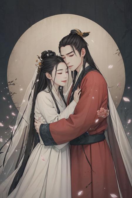 (masterpiece:0.8),best quality,
gongbiv,gongbi painting,1girl,1boy,long hair,black hair,hug,long sleeves,chinese clothes,hetero,veil,petals,standing,topknot,hanfu,closed eyes,robe,wide sleeves,very long hair,black eyes,crying,closed mouth,hair bun,parted lips,single hair bun,lips,couple,hand on another's head,smile,facing viewer,red lips,black robe,hair ornament,tears,sash,white robe,hat,
Chinese style meticulous painting,<lora:gongbi painting:0.8>,