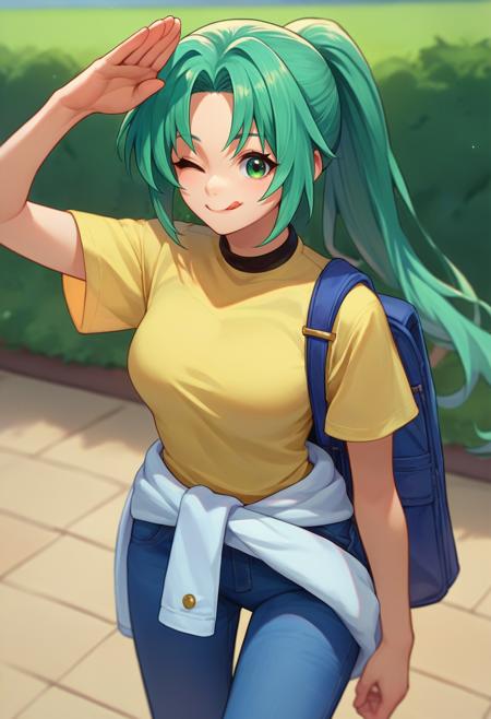 Mion Sonozaki, green eyes, ponytail, green hair white shirt, red necktie, yellow vest, red skirt yellow T-shirt,white clothes around waist, jeans