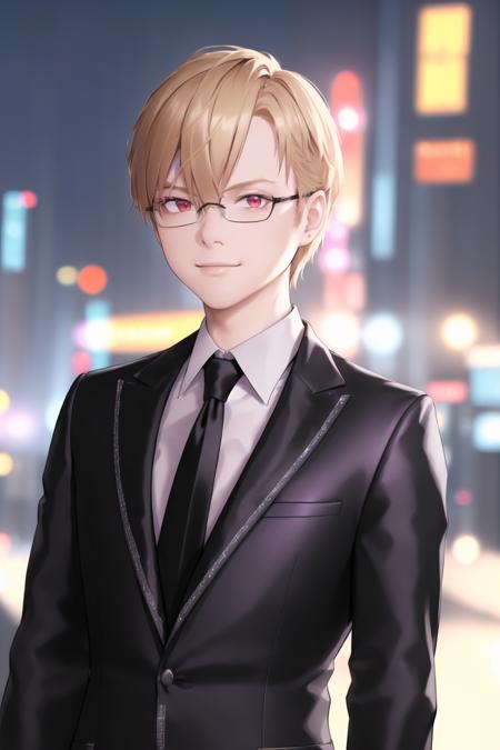 (Night:1.7), Cyberpunk, cityscape, Outdoors,
Standing at attention,
business suit, Black_jacket,White_shirt,Black_tie,
<lora:Joshua_Chan_Young-V1:0.4>,Glasses,<lora:Ashizawa_Saki_RIOT_MUSIC-KK77-V1:0.5>,
bangs, blonde hair,red eyes,
1 Man, 30yo,male,looking at viewer,(upper_body:1.7), (Close-Up),
NSFW,official art,extremely detailed CG unity 8k wallpaper, perfect lighting,Colorful, Bright_Front_face_Lighting,
(masterpiece:1.0),(best_quality:1.0), ultra high res,4K,ultra-detailed,
photography, 8K, HDR, highres, absurdres:1.2, Kodak portra 400, film grain, blurry background, bokeh:1.2, lens flare, (vibrant_color:1.2)