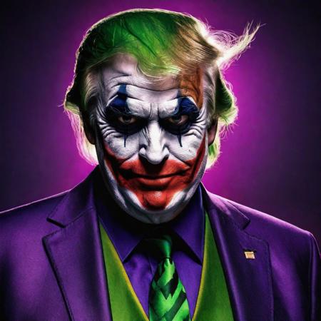 Generate a satirical and cinematic image depicting Donald Trump in a Joker's costume within the stylized world of a Batman film. Envision Trump adorned in an intricately detailed Joker outfit, complete with the iconic purple suit, green hair, and the Joker's characteristic makeup.