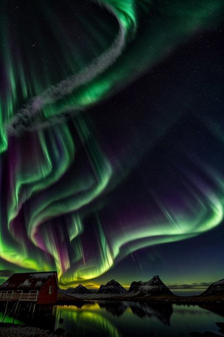 Stunning Aurora Borealis lighting up the night sky over the Lofoten Islands coastline, vibrant colors and dynamic movement in the sky, shimmering reflections on calm waters, high detail, long exposure effect, breathtaking scenery