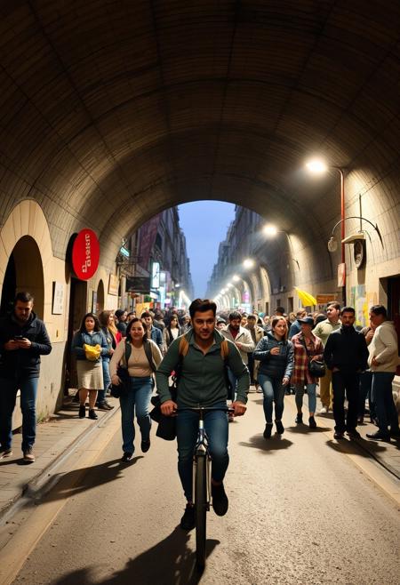 "A humorous scene in a make a tunnel that crosses the entire city.Spanish people  The scene is chaotic but full of energy and fun