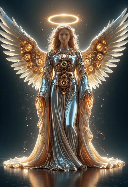 g3ars, best artist, best shadows, best lighting, best textures, masterpiece, 
Beautiful angel with majestic wings made out of gears, flowing silk robes, subtle shading, halo, surrounded by subtle glow, cosmic surreal, godrays, lensflare, 
magicNpolished, shiny, polished, reflection, glowing, light