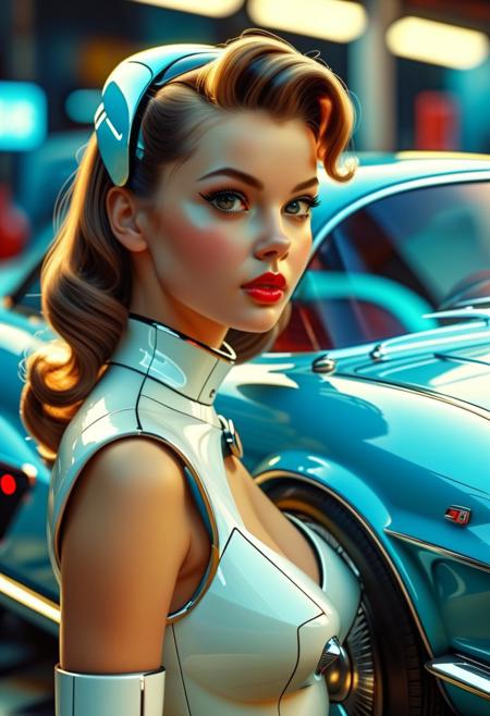 Futuristic electric super car, retro 1960-style  futuristic, girl pinup model standing next to car, masterpiece, 8k,absurdres, intricate details, focus on girl's face, car's shapes continue behind girl,
close to viewer,
beautypinupart, 1girl