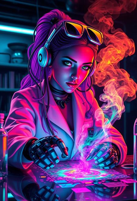 A digital artwork in the style of cknc,, neon colors, A beautiful female android in a science lab, wires and circuits, robotic hands, and sunglasses on her head, works on a rainbow galaxy on a table, cyberpunk, hyper-maximalism, rainbow iridescent smoke, looking at viewer, evil smirk,