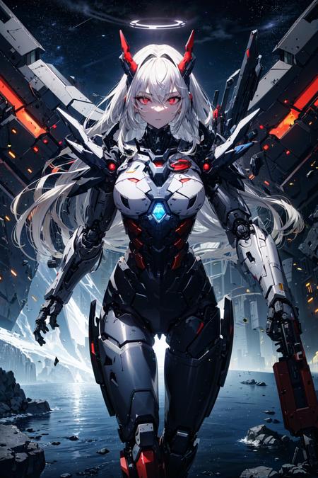 masterpiece,best quality,ultra-detailed,very detailed illustrations,extremely detailed,intricate details,highres,super complex details,extremely detailed 8k cg wallpaper,cowboy shot,

caustics,reflection,ray tracing,demontheme,nebula,dark aura,cyber effect,

(1girl:1.4),solo,alone,mecha musume,mechanical parts, robot joints,single mechanical arm, headgear,

mechanical halo,star halo,intricate mechanical bodysuit, mecha corset, kimono, full armor,

very long hair,white hair, hair between eyes, multicolored hair, colored inner hair,

red eyes,glowing eye,eye trail,

random expressions,random action,

ancient japanese architecture,pond, starry sky,skyline,

 <lora:Asuper[mecha musume,mechanical parts,super robot joints,headgear,full armor]:0.75>