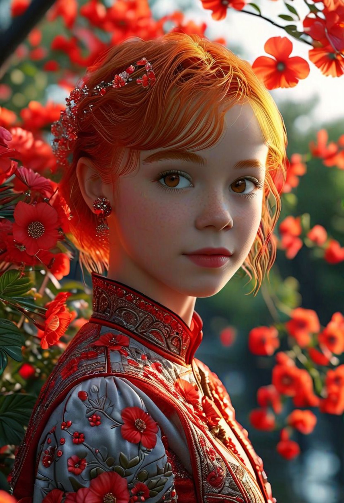 professional 3d model portrait, cute magic_girl, ginger cut hair with red flowers, brown ideal eyes, looks from behind the...