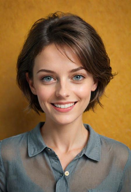 (headshot) subsurface scattering, Photorealistic, Hyperrealistic, analog style, realistic, film photography, soft lighting, heavy shadow
belgian woman with round face. ((grey eyes)). short brunette hair. 30yo. button nose. linen shirt. (((happy))), emotion. yellow background